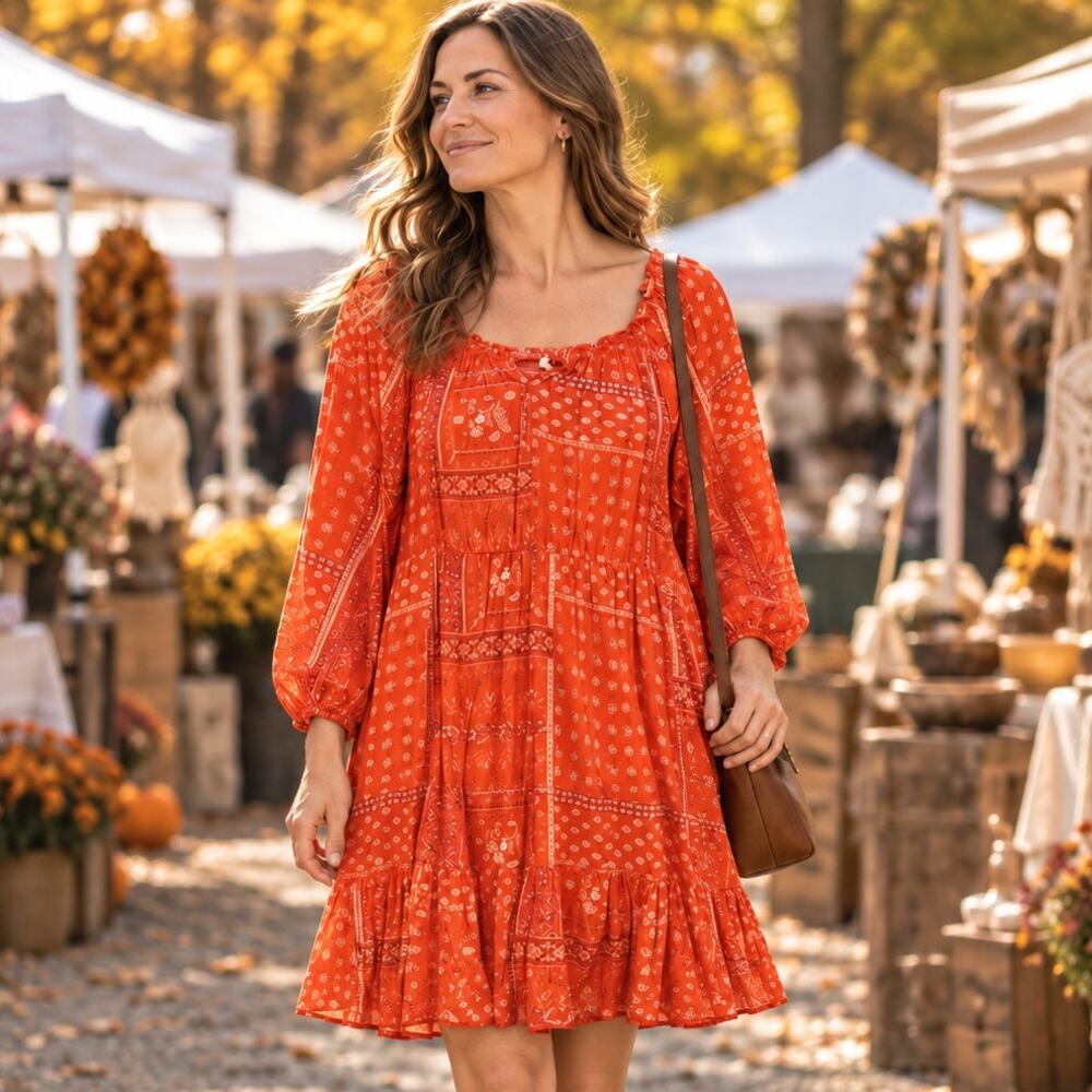 NWT Beachlunchlounge Orange Bandana Print Elastic Neck Midi Dress L
